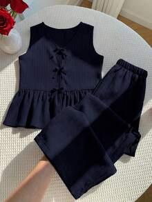 Sparklyn Conjunto de top sin mangas con volantes en el bajo y pantalones de pierna ancha de unicolor para niña preadolescente, ideal para primavera/verano, vacaciones y uso diario - Azul Marino - Ver 5