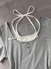 SHEIN 新款女士二合一露背系带修身黑色短袖T恤 - 淺灰色 - 查看 5