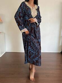 DAZY Vestido holgado de manga larga con patchwork de encaje colorido, adecuado para verano y primavera, vestido de pijama para mujer - Rojo violeta - Ver 3