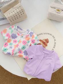 SHEIN 2件套新生女宝宝可爱碎花针织短袖连体衣 - 淡紫色 - 查看 3