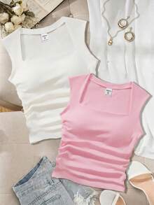 SHEIN Teen Girls Black & White Knit Ruched Waist Crew Neck Sleeveless Camisole Layering Set - Pink - View 6