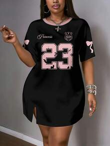 Slaydiva Plus Size Numeric Print Round Neck Summer Short Sleeve Dress - Multicolor - View 2
