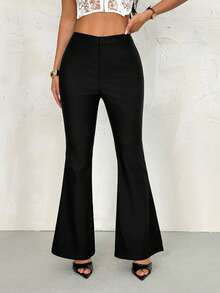 SHEIN PETITE Sexy Summer Business Office Casual Solid Flare Leg Pants - Black - View 3