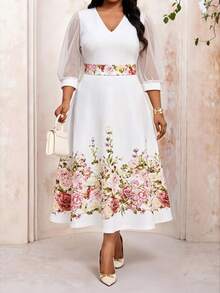 Fleurora Robe mi-longue élégante pour femmes grandes tailles, imprimé floral, col V, patchwork en maille, manches 3/4 - Multicolore - Voir 5