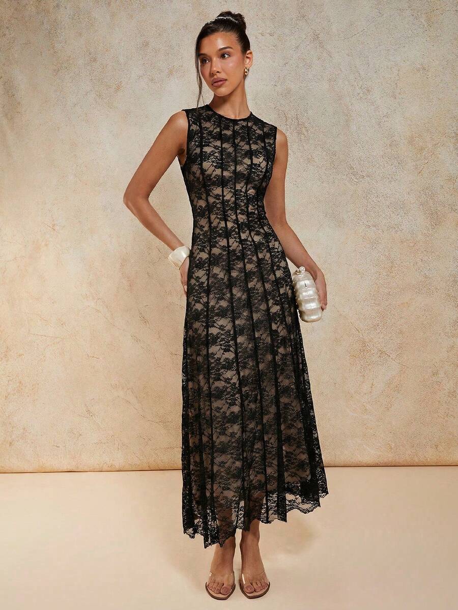 COSMINA 女士优雅蓝色蕾丝无袖中长连衣裙,春夏款 - 黑色 - 查看 1