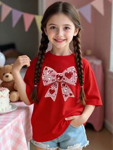 Elladie kids Young Girl Red Summer Satin First Birthday T-Shirt,Shiny Bow Graphic Print Short Sleeve Tee,Casual Fashionable Creative Fresh Comfortable Daily Wear - Hot Pink - View 5