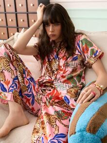 女士豹纹、绿色植物、花卉和叶子印花翻领开衫和裤子睡衣套装 - 彩色 - 查看 5