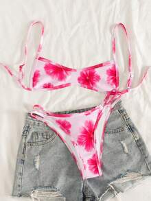 Swim Mod 2pcs/Set Summer Beach Random Print Women Spaghetti Strap Backless Crop Top And Sexy Bikini Swimwear Set, Pink Floral Print Bikini Set, 2 Piece Bathing Suit For Women,Women's Vacation Beach Swimsuit - Multicolor - View 4