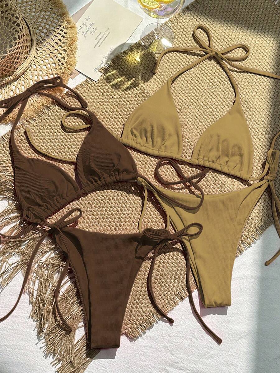SHEIN Swim 2 Sets Of Women's Solid Color Halter Halter Sexy Bikini Set For Summer Beach, With Separated Swimwear - Brown - View 1