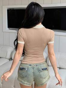 Joudiya Ladies' Color Block Trim Polo Neck T-Shirt Summer,Crop Tops Women - Khaki - View 5