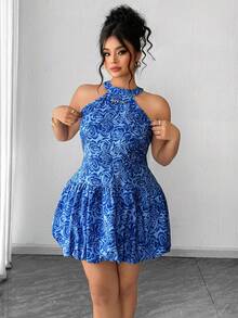 SHEIN Clasi Plus Size Women's Summer Elegant Navy Blue Floral Print Halter Short Dress, Beach Vacation Theme Party Retro Ruffle Hem - Blue - View 3