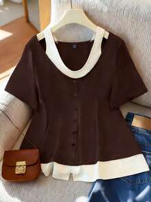 GlowEve CURVE Plus Size Coffee Brown Casual Knitted T-Shirt Regular Sleeve Top With Contrast V-Neck Design For Women - Coffee Brown - View 5