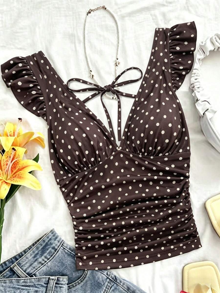 Trelyra 女士新款复古波点荷叶边V领褶裥修身吊带背心 - 棕色 - 查看 1