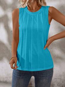 EMERY ROSE Tank Top Tanpa Lengan Kasual Leher Bulat Warna Polos untuk Wanita, Musim Panas - Biru - View 3