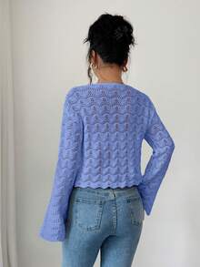 Elenzga Áo khoác cardigan nữ thanh lịch thắt nơ phía trước khoét rỗng - Màu xanh lam - Xem 2