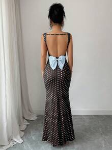 Elenzga 优雅复古波点露背拼接蝴蝶结鱼尾连衣裙，适合约会和派对，尽显优雅迷人气质。 - 彩色 - 查看 5