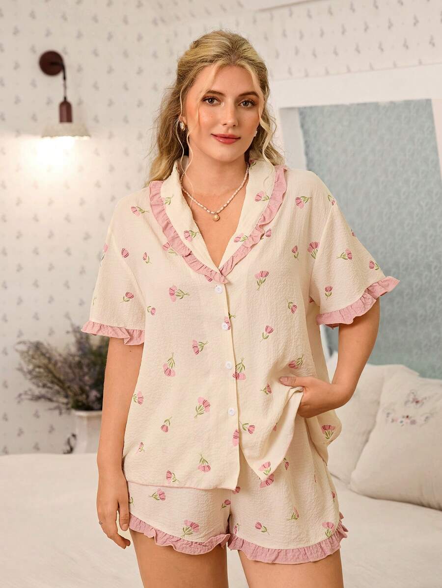 CottageSlumber Pink Rose Print Sweetheart Neck Plus Size Women Short Sleeve Shorts Pajama Set - Apricot - View 1