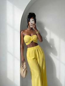 Slaydiva 早春新款，春夏音乐节，情人节，复活节，婚礼季，假日季，海滩度假，休闲，优雅，通勤，日常穿着，工作装，度假，派对，邮轮，派对，基础款，日常约会，无肩带，心形领口，露腰，打结设计，露脐上衣，背心+阔腿裤，超长裤，浅黄色套装，女士两件套 -A - 淡黃色 - 查看 6