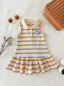 SHEIN Đầm polo kẻ sọc xanh dương và cam dễ thương cho bé gái mùa hè - Nhiều màu - Xem 5