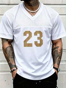 Manfinity Homme Men's White V-Neck Mesh Short Sleeve Sports T-Shirt,Summer Streetwear City Break White And Gold Basketball Jersey Football Tshirt With Numeric Print - White - View 7