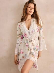 Charlaine 花卉印花撞色蕾丝吊带连衣裙及系带睡袍睡衣套装/白色睡衣套装，新娘内衣，秋冬服装，舒适优雅细节 - 白色 - 查看 6