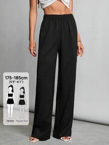 SHEIN Tall 女款休閒純色直筒長褲，適合高個女性 - 黑色 - 查看 8