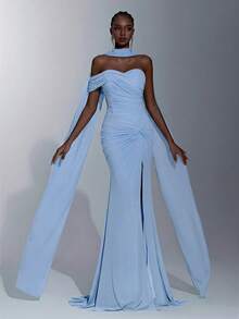 Elitara Elegant Luxurious Stretchy Knit Ruched Sleeve Twist Design Halter Slit Fishtail Dress, Suitable For Weddings, Events, Singles Parties, Vacations, Galas, Formal Occasions - Baby Blue - View 7