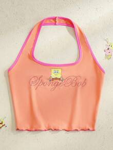 SpongeBob SquarePants | SHEIN Women's Rhinestone Embellished Halter Neck Top - Orange - View 1