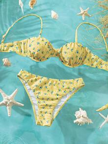 Swim Mod 春夏新款跨境甜美碎花吊带系带两件式泳衣，钢圈聚拢褶皱比基尼套装，搭配高腰丁字裤，性感泳装，适合海滩、泳池、夏季假期穿着 - 黃色 - 查看 2