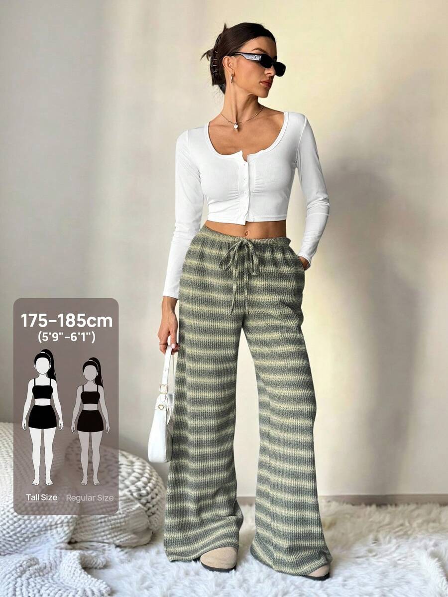 SHEIN Tall 女款舒適休閒簡約低腰抽繩寬腿條紋長褲套裝,舒適居家褲套裝,適合高個女性 - 綠色 - 查看 1