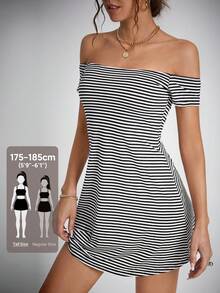 SHEIN Tall Striped Print Off Shoulder Dress,Tea Party Dress,Summer Dresses For Women - Black and White - View 6