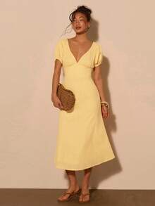 COSMINA 女士奶油黄花瓣袖V领A字中长休闲度假简约连衣裙，浅黄色 - 淡黃色 - 查看 3