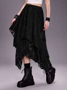 ROMWE Grunge Punk 女士时尚西部音乐节不对称下摆半身裙 - 黑色 - 查看 4