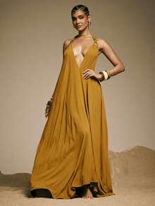 Hauture Women's Sexy Casual V Deep Halter Neck Backless Loose Maxi Dress With Stylish Ring Decor - Mustard Yellow - View 3