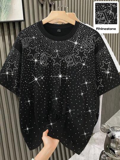 Claim Dot 1pc Men's Black Casual Loose Fit Short Sleeve T-Shirt, Rhinestone Decor, Oversized Boxy Style, Mature Streetwear, Suitable For Commute, Daily Casual, Sports, Back To School, Vacation, Great Gift For Boyfriend/Husband, Couple Outfit,Men Old Money,Daily Leisure, Weekend Trips, Outdoor Activities, Travel Expeditions, Relaxed Work Environments Or Semi-Formal Occasions, Boyfriend/Husband Gift, Anniversary /Birthday Gift Party Summer Vacation Holiday,Wedding,Spring To Summer,Easter,Y2k,Vintage,Crew Neck Black Rhinestone Star Pattern Short Sleeve T-Shirt Sparkle Tops For Women,Rhinestone T-Shirt,Men's T-Shirt,Black Graphic Tee,Star Studded Shirt,Youth Graphic Tees