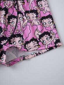 Betty Boop x SHEIN Pantalones cortos tipo boxer elásticos de cintura, casuales y cómodos para mujer - Rosa Fucsia - Ver 4