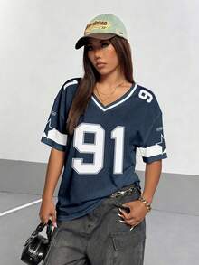 Maweii Women Plus Size V-Neck Mesh Blue No. 91 Pullover - Multicolor - View 4
