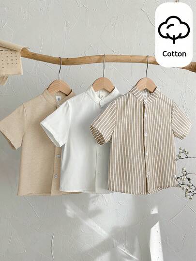 SHEIN Bộ 3 áo sơ mi dệt kim tay ngắn cổ bẻ kẻ sọc dáng casual cho bé trai, đa năng cho mặc hàng ngày, mùa xuân/hè, phù hợp cho các hoạt động thể thao, dã ngoại, đi học, tụ họp, kỳ nghỉ, chụp ảnh, mùa tựu trường.