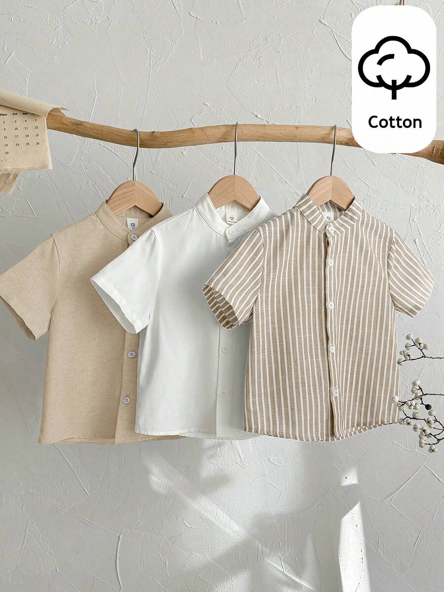 SHEIN 3件套男童休闲条纹领短袖梭织衬衫,百搭实用,适合日常穿着,春夏皆宜,可用于日常活动、运动、郊游、上学、聚会、度假、拍照、返校季等场合。 - 卡其色 - 查看 1