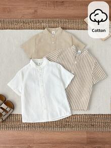 SHEIN 3件套男童休闲条纹领短袖梭织衬衫，百搭实用，适合日常穿着，春夏皆宜，可用于日常活动、运动、郊游、上学、聚会、度假、拍照、返校季等场合。 - 卡其色 - 查看 5
