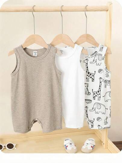 SHEIN 3pcs/Set Baby Unisex Solid Color Soft Knit Sleeveless Romper Set