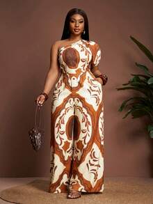 Veslaya 大码女式休闲印花阔腿连体裤 - 橘色 - 查看 4