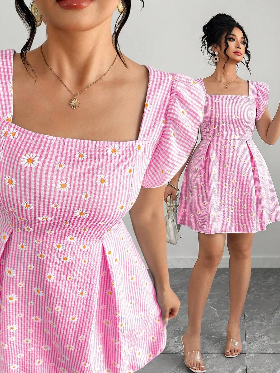 Elenzga Plus Size Women's Pink Summer Cute Daisy Floral Square Neck Puff Sleeve A-Line Dress,Striped Picnic Mini Dresses,Retro Sweet Ditsy Print Short Sleeve - Red - View 1