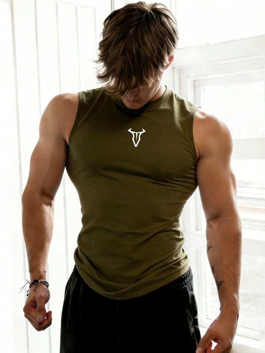 GymBeat 男士公牛印花休闲健身运动背心 - 軍綠色 - 查看 1