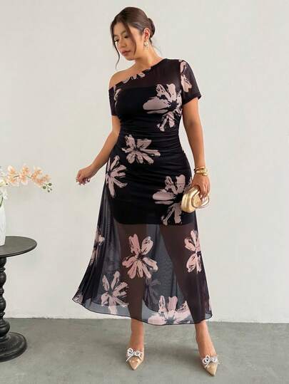 Firerie Plus Size Elegant Floral Print Mesh Patchwork Asymmetrical Shoulder Dress, Summer