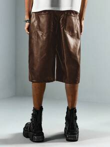 ROMWE MEN Street Life Men's PU Leather Solid Color Slant Pocket Casual Shorts - Brown - View 3