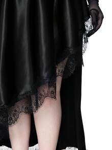 ROMWE Gaun Pesta Pernikahan Gothic Musim Panas, Leher V Dalam, Hem Asimetris, Ruffle, Satin & Patchwork Renda, Ukuran Plus untuk Wanita - Hitam - View 4