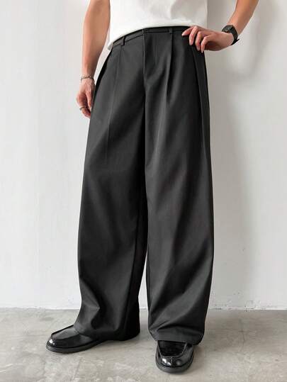 HUEFORM Men's Solid Color Pleated Baggy  Wide Leg Loose Casual Pants,The Gathered Design Looks More Fashionable.,You Can Wear It With Any Basic Top For Going Out. For Summer