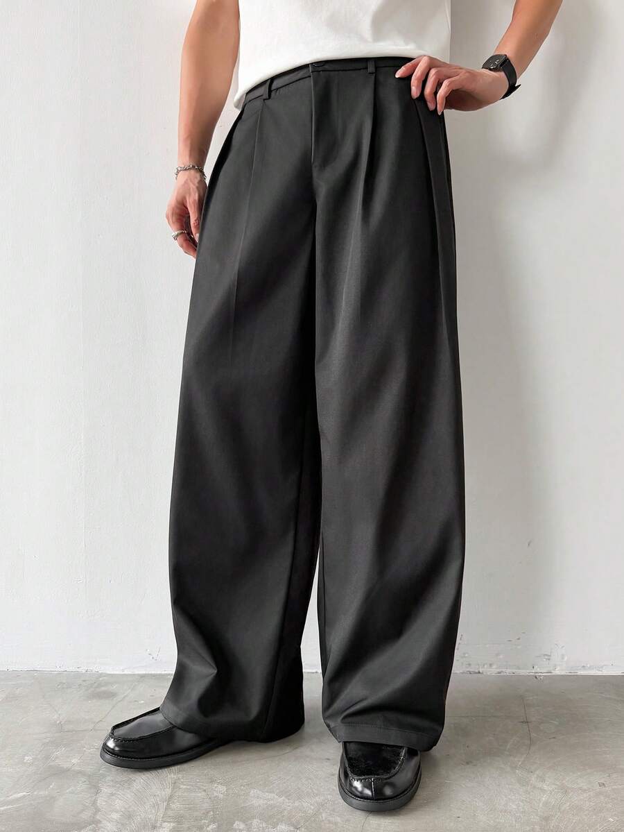 HUEFORM Men's Solid Color Pleated Baggy Wide Leg Loose Casual Pants,The Gathered Design Looks More Fashionable.,You Can Wear It With Any Basic Top For Going Out. For Summer - Black - View 1