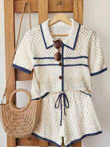 Franclia New Spring/Summer Beach Vacation Apricot Color Hollow Texture Contrast Collar Relaxed Retro Hem Casual Soft Comfortable High-End Design Daily Polo Collar Cardigan With Drawstring Shorts Women 2 Pieces Set - Beige - View 6